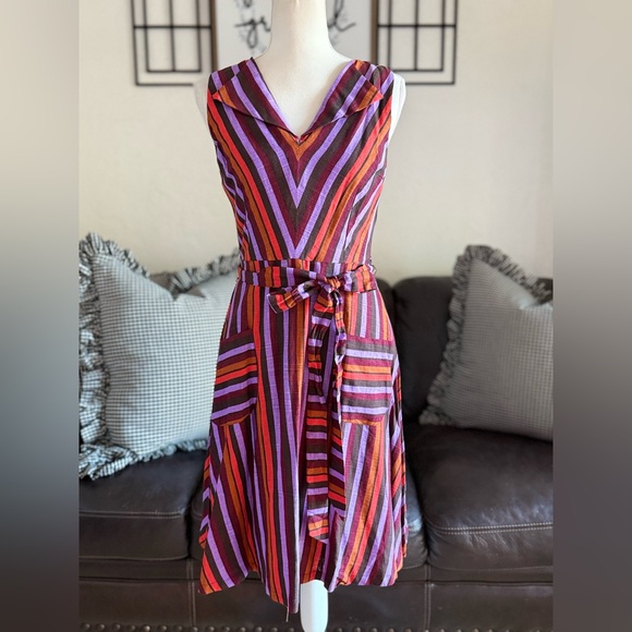 Modcloth Linen Blend Retro Striped Midi Dress Sleeveless Multicolor Size S